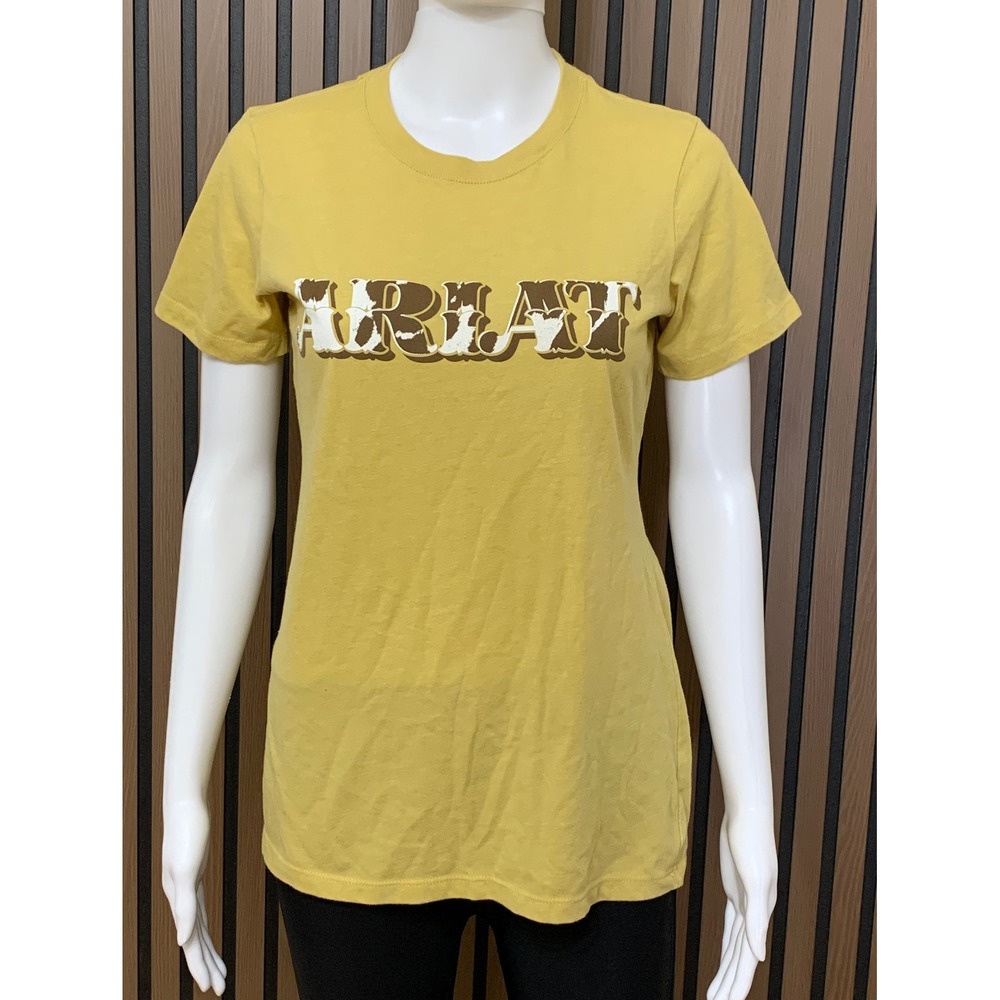 Ariat Women's Mustard Yellow Cow Print Logo Graphic Tee Shirt Size M Western